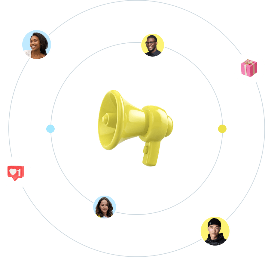 Yellow megaphone at center surrounded by circular orbit lines with portraits of diverse people and icons of a gift box and a heart notification.